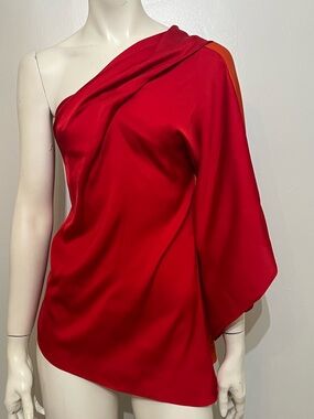 Elie Tahari Sandrine Blouse Red One-Shoulder Draped Silk Top with Orange Accent